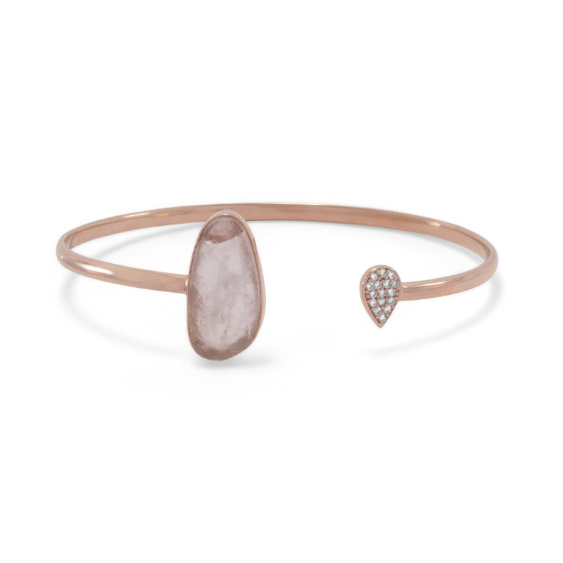 14 Karat Rose Gold Plated Rose Quartz and CZ Open Cuff Bracelet