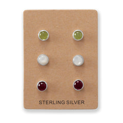 Set of 3 Peridot, Mother of Pearl, and Garnet Button Studs