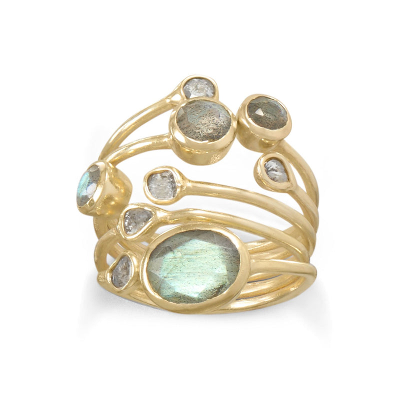 14 Karat Gold Plated Polki Diamond and Labradorite Multi-row Stacked Ring